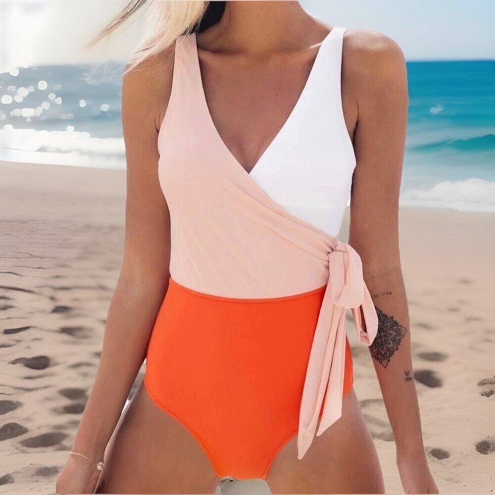 Cupshe Womens One Piece Swimsuit L Orange Tummy Control V-Neck Colorblock NWT